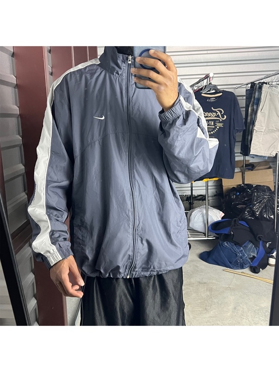 Nike Other - Vintage Y2K Grey Striped Nike Track Jacket Sz. XL Drawcords Embroidered Swoosh